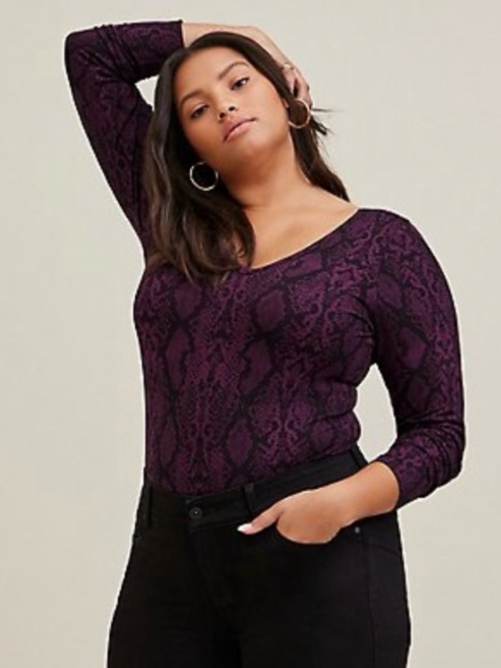 NWT Torrid Womens Bodysuit Purple Snake Foxy Double V-Neck Long Sleeve Size 1X